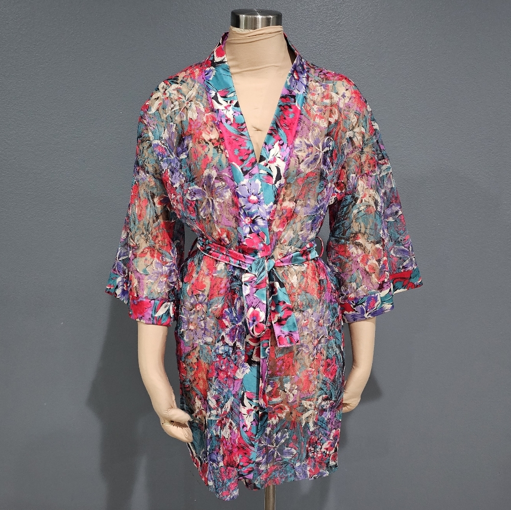 Vintage MEL LIN Floral Lace Multicolor Kimono Sleeves Robe OSFM (XS-XL) Conditio